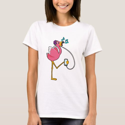 Flamingo at Music with Headphone T_Shirt