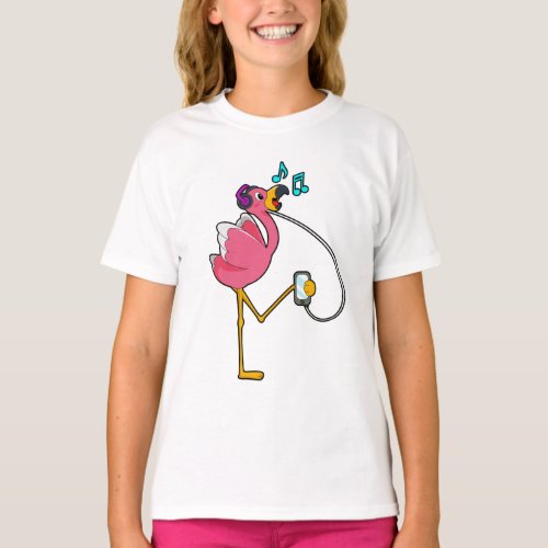 Flamingo at Music with Headphone T_Shirt