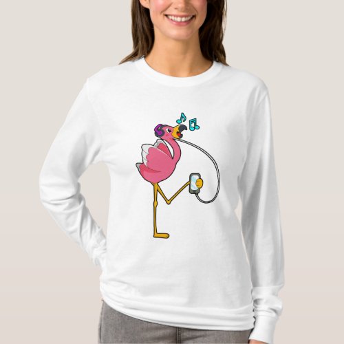 Flamingo at Music with Headphone T_Shirt