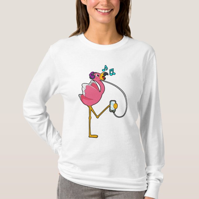 Flamingo at Music with Headphone T-Shirt (Front)