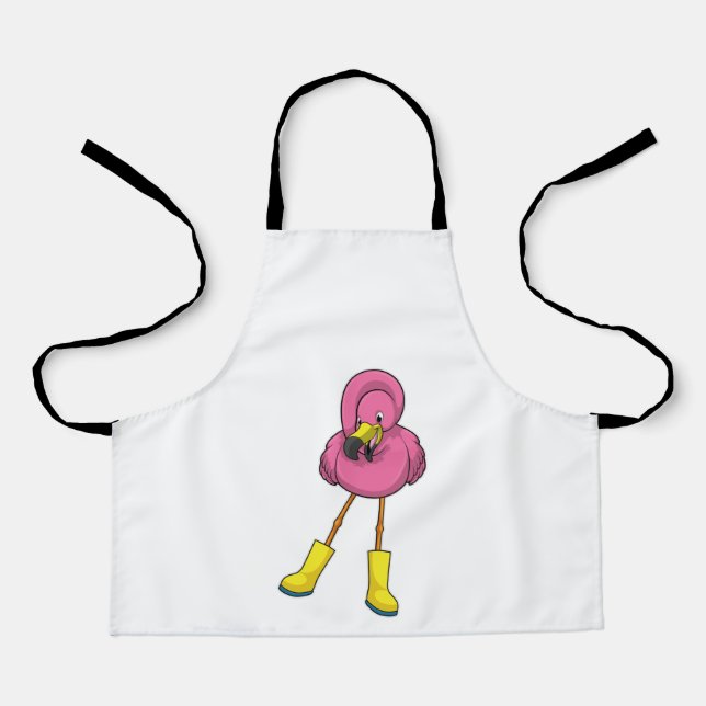 Flamingo at Raining with Rubber boots Apron (Front)