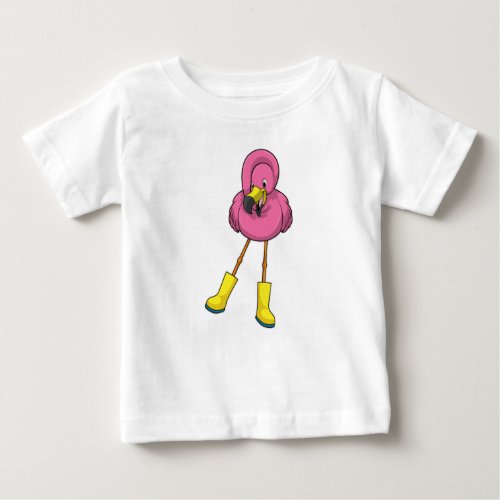 Flamingo at Raining with Rubber boots Baby T_Shirt