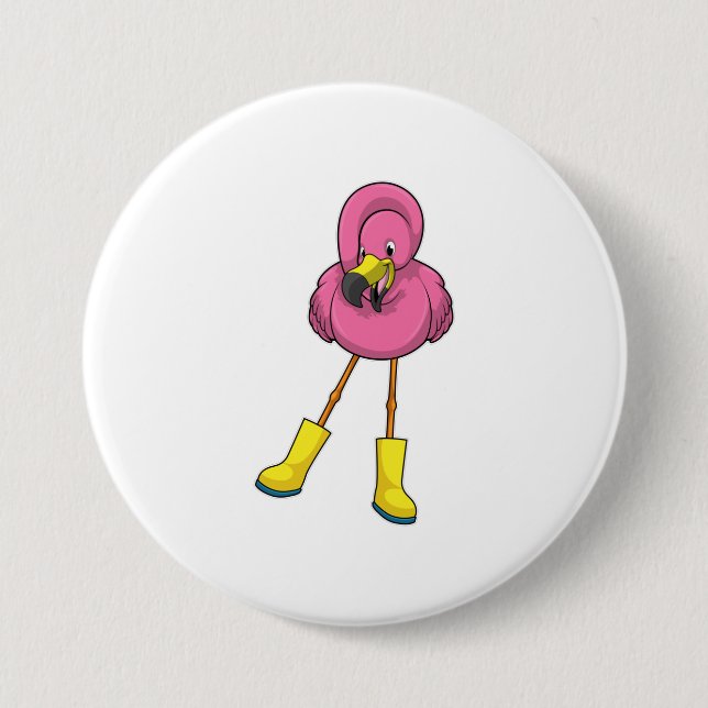 Flamingo at Raining with Rubber boots Button (Front)