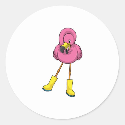 Flamingo at Raining with Rubber boots Classic Round Sticker