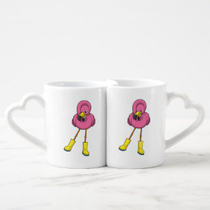 Flamingo at Raining with Rubber boots Coffee Mug Set