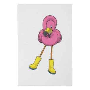 Flamingo at Raining with Rubber boots Faux Canvas Print