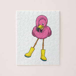 Flamingo at Raining with Rubber boots Jigsaw Puzzle