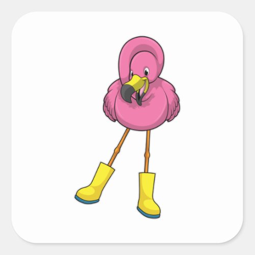 Flamingo at Raining with Rubber boots Square Sticker