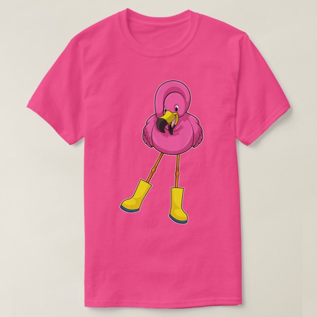 Flamingo at Raining with Rubber boots T-Shirt (Design Front)