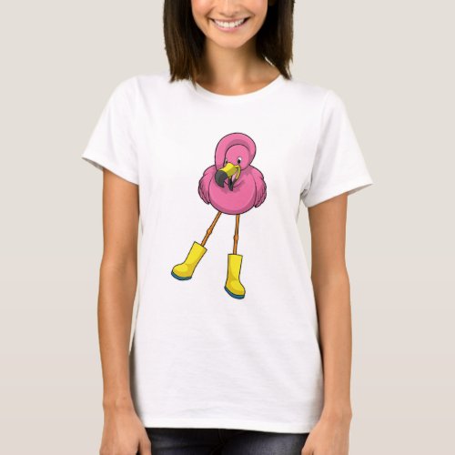 Flamingo at Raining with Rubber boots T_Shirt
