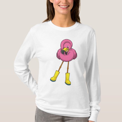 Flamingo at Raining with Rubber boots T_Shirt