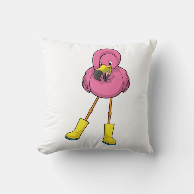 Flamingo at Raining with Rubber boots Throw Pillow (Front)