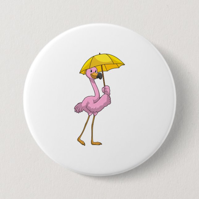 Flamingo at Raining with Umbrella Button (Front)
