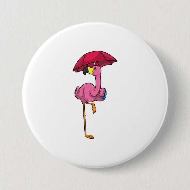 Flamingo at Raining with Umbrella Button (Front)