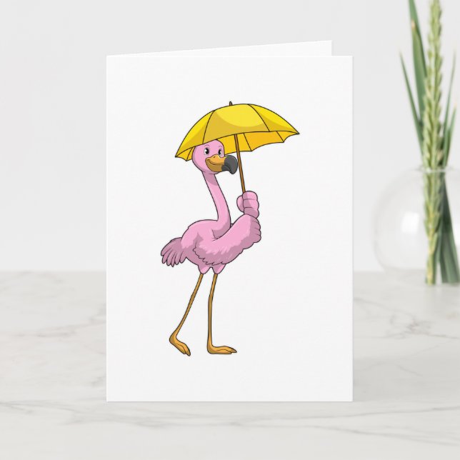 Flamingo at Raining with Umbrella Card (Front)