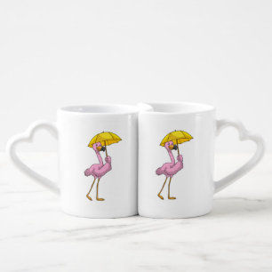 Flamingo at Raining with Umbrella Coffee Mug Set