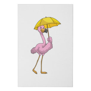 Flamingo at Raining with Umbrella Faux Canvas Print