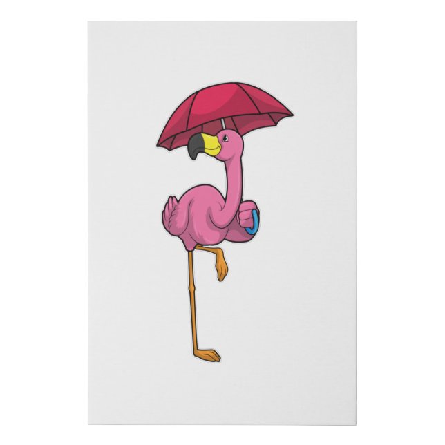 Flamingo at Raining with Umbrella Faux Canvas Print (Front)
