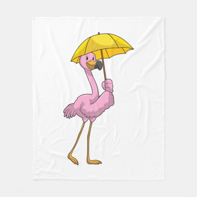 Flamingo at Raining with Umbrella Fleece Blanket (Front)