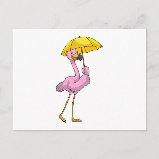 Flamingo at Raining with Umbrella Postcard (Front)
