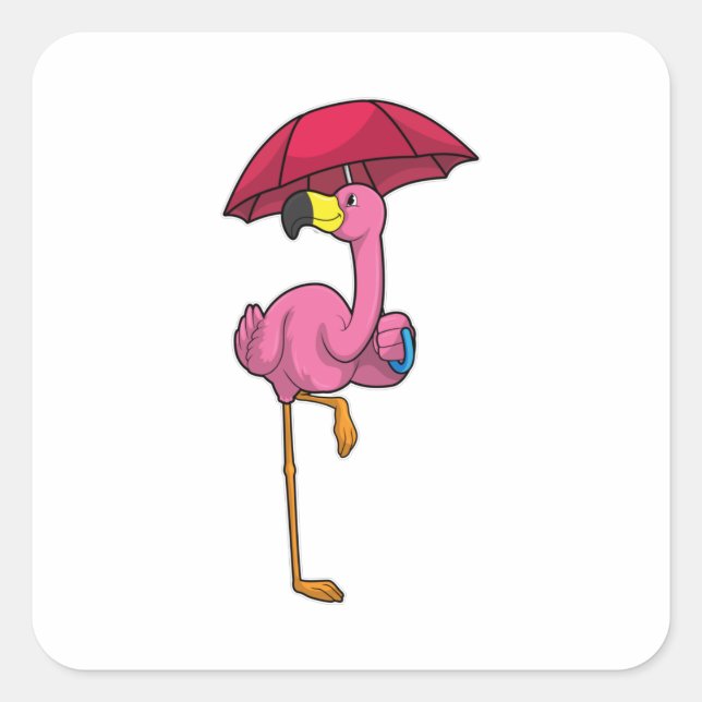 Flamingo at Raining with Umbrella Square Sticker (Front)