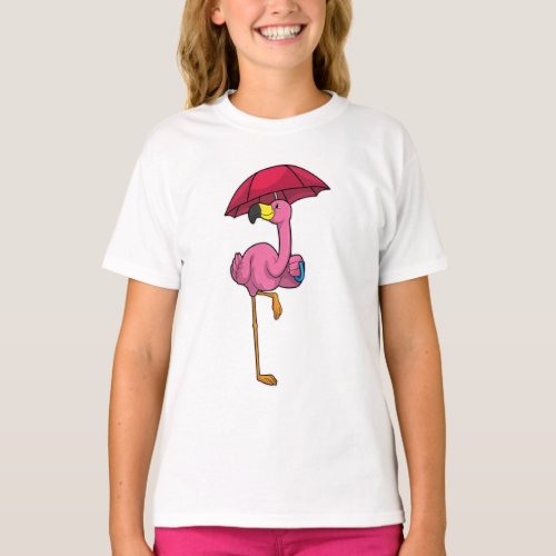 Flamingo at Raining with Umbrella T_Shirt