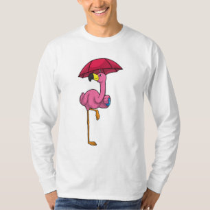 Flamingo at Raining with Umbrella T-Shirt