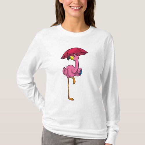 Flamingo at Raining with Umbrella T_Shirt