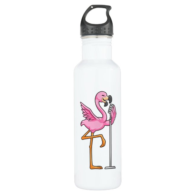 Flamingo at Singing with Microphone Stainless Steel Water Bottle (Front)