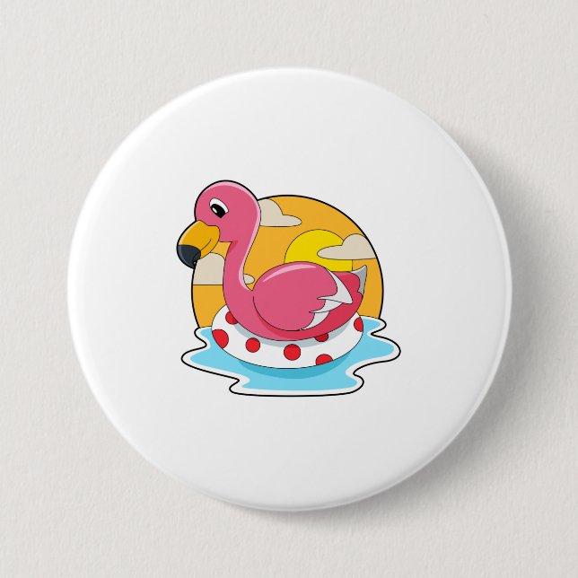Flamingo at Swimming with Lifebuoy Button (Front)