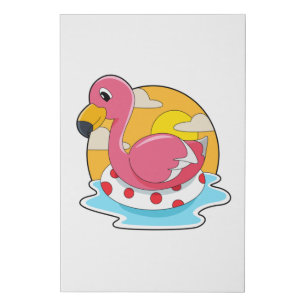 Flamingo at Swimming with Lifebuoy Faux Canvas Print