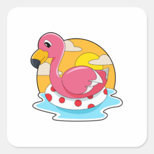 Flamingo at Swimming with Lifebuoy Square Sticker