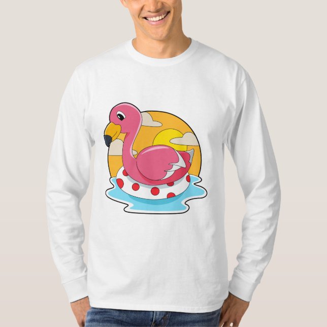 Flamingo at Swimming with Lifebuoy T-Shirt (Front)