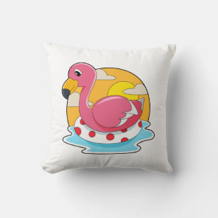 Flamingo at Swimming with Lifebuoy Throw Pillow
