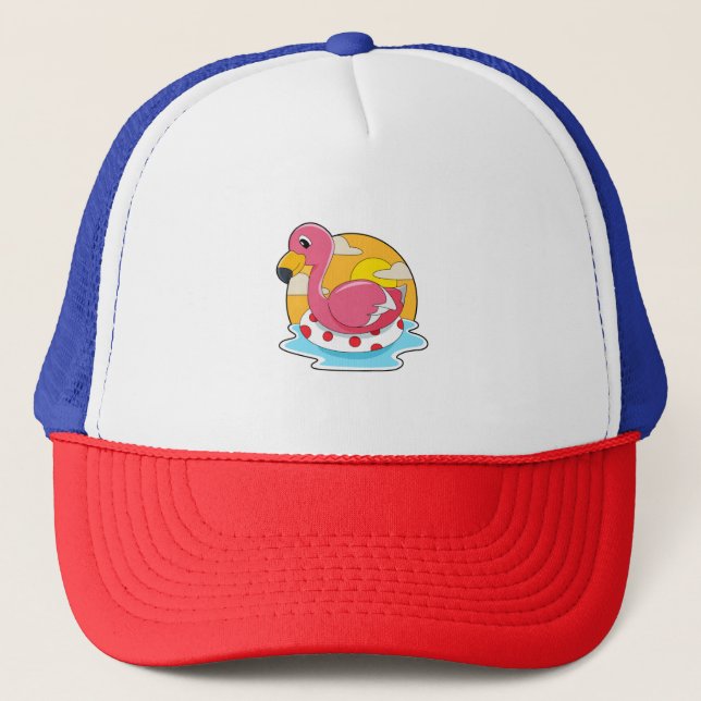 Flamingo at Swimming with Lifebuoy Trucker Hat (Front)