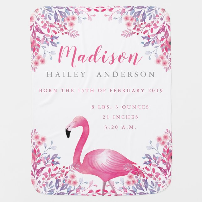 Flamingo Baby Birth Announcement Blanket (Front)