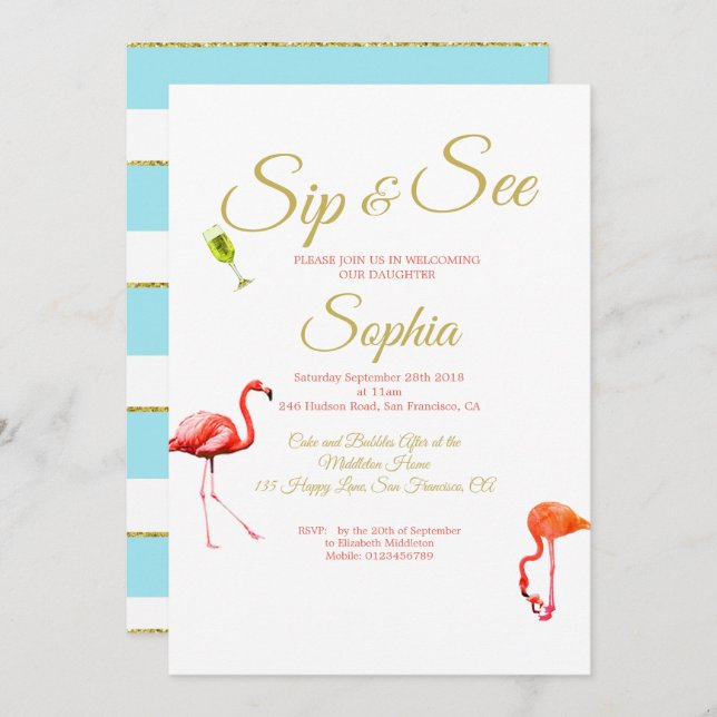 Flamingo Baby Blue Stripe Sip and See Invitation (Front/Back)