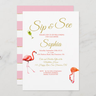 Flamingo Baby Pink Stripe Sip and See Invitation