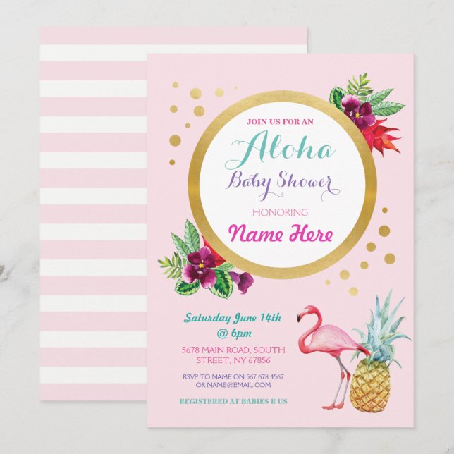 Flamingo Baby Shower Aloha Tropical Invite (Front/Back)