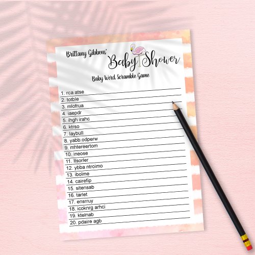 Flamingo Baby Shower Baby Word Search Game Invitation