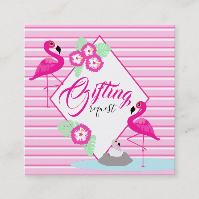 Flamingo baby shower book gifting request cards (Front)