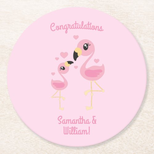 Flamingo Baby Shower Cute Tropical Round Paper Coaster