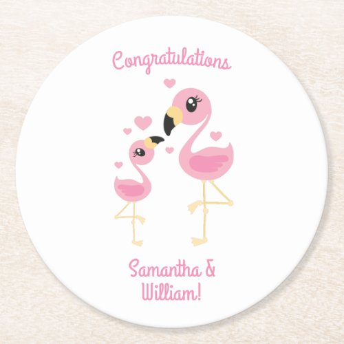 Flamingo Baby Shower Cute Tropical Round Paper Coaster