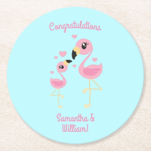 Flamingo Baby Shower Cute Tropical Round Paper Coaster