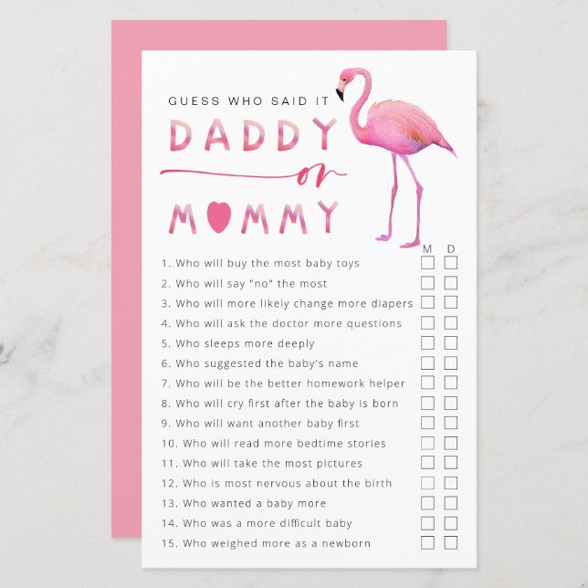 Flamingo Baby Shower Guess Who Said It Game (Front/Back)