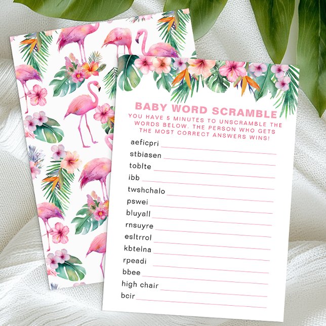 Flamingo Baby Shower Word Scramble Game Enclosure Card (Tropical Baby Shower Game)