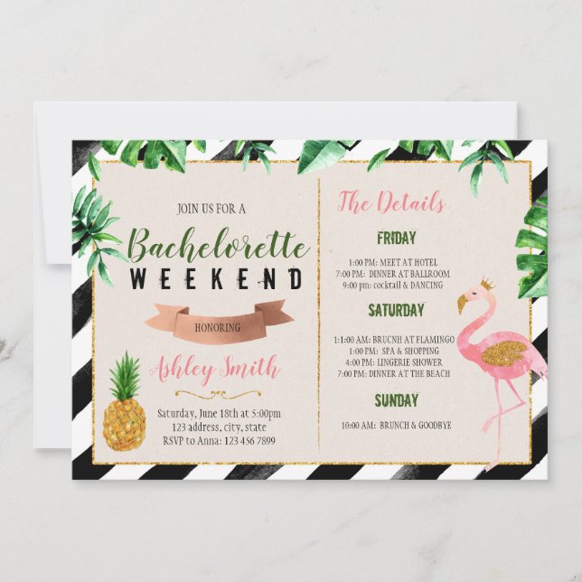 Flamingo bachelorette with Itinerary invitation (Front)