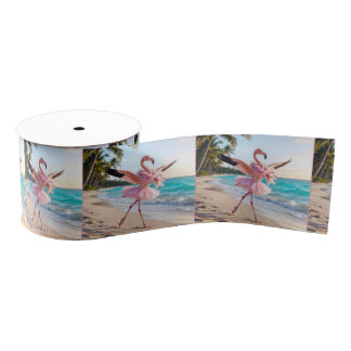Flamingo Ballerina In a Pink Tutu On the Beach Grosgrain Ribbon