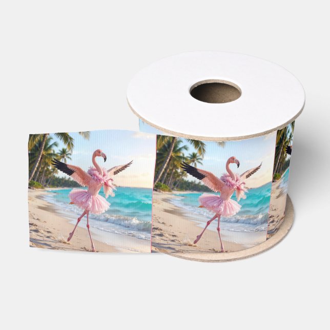 Flamingo Ballerina In a Pink Tutu On the Beach Grosgrain Ribbon (Spool)