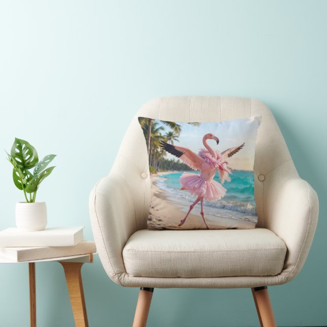 Flamingo Ballerina In a Pink Tutu On the Beach Throw Pillow (Chair)